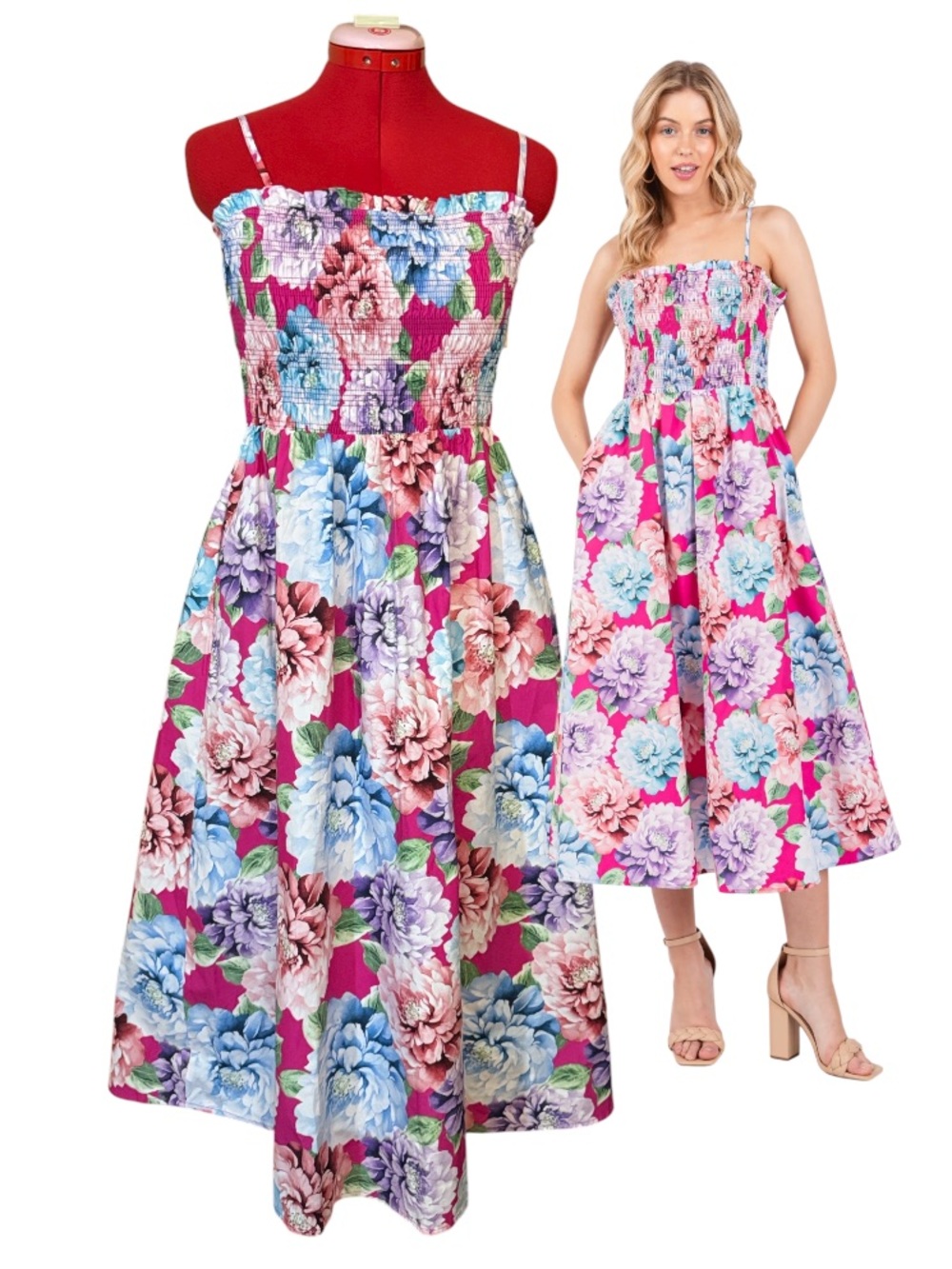 Listicle Pinkblush Fuchsia Floral Smocked Midi Sundress Size Small